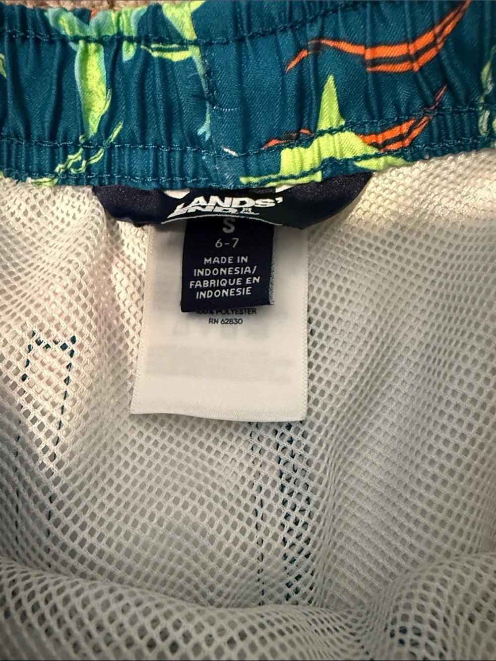 Lands' End Neon Green Rash Guard with Navy Shark-Print Swim Trunks